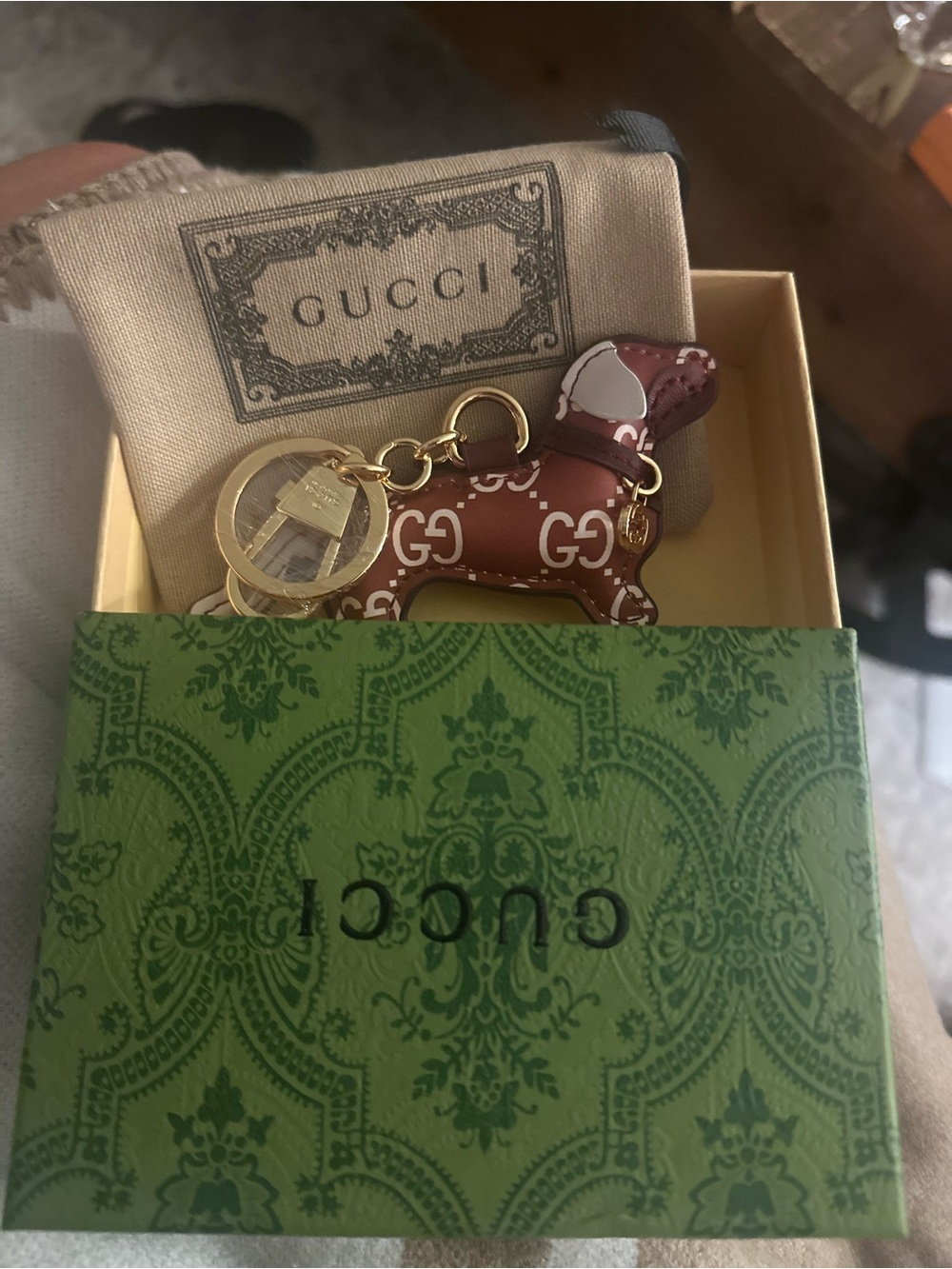 Gucci Brown GG Dog Leather Keychain & Card Holder Charm
